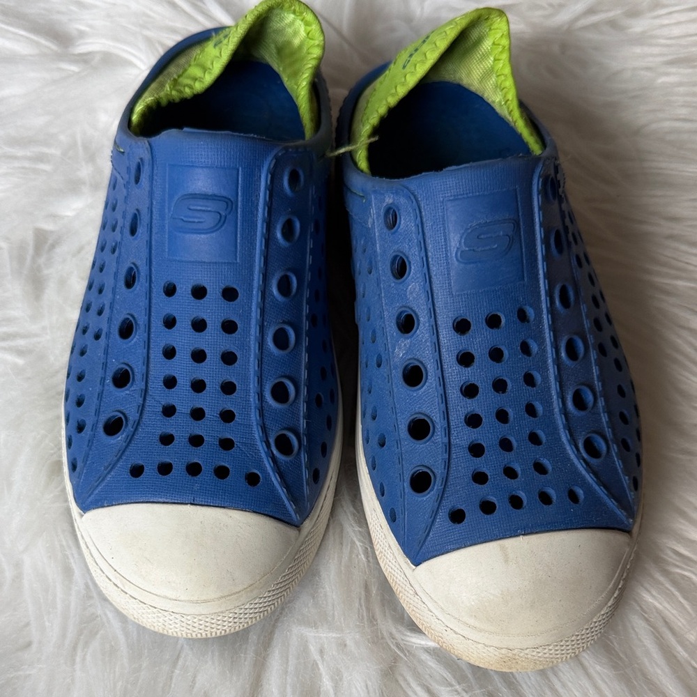 Skechers kids Blue Perforated Slip-Ons with Lime Accents, size 12